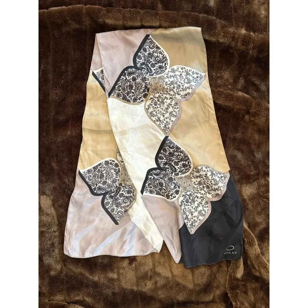 Oscar‎ de la Renta Scarf Womens Neutral Black Silk Paisley Floral Excellent